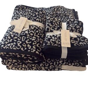 8 pc Rachel Zoe Animal Print Cheetah Bath Towel Set Black White Tan New